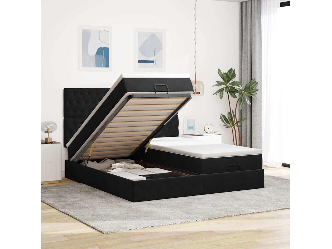Estrutura De Cama Otomana Com Colchões 200x200cm Veludo Preto