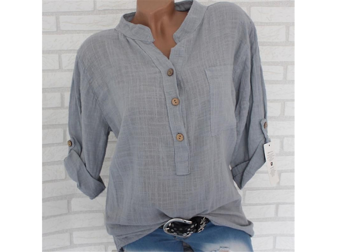 2026 blusa de Linho e Algodão para Mulher com Manga Longa e Baixo Assimétrico, Gola de Camisa e Fecho de Botões