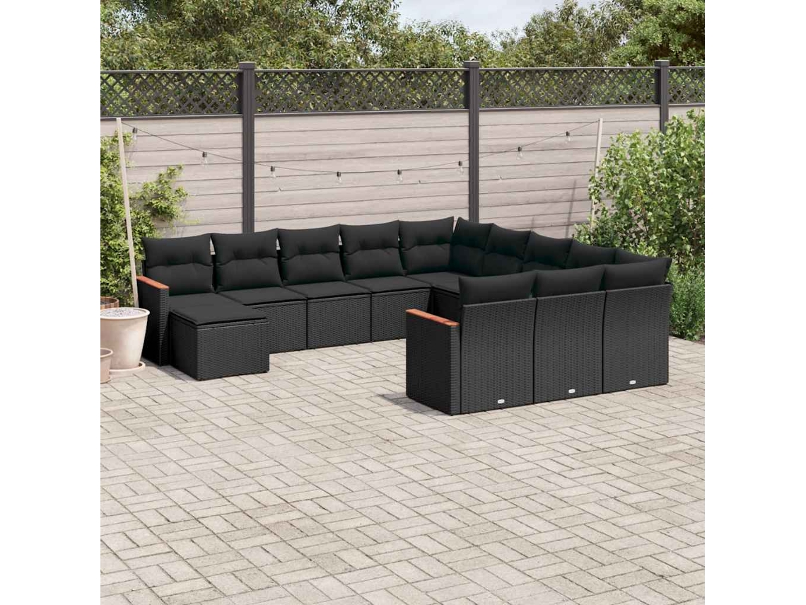 Vidaxl 12 Pcs Conjunto De Sofás De Jardim C/ Almofadões Vime Pe Preto