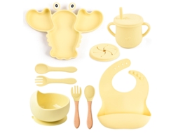 Kit de Alimentação para Bebé em Silicone Formato de Lagosta 8 Peças com Ventosas, Livre de Bpa Amarelo PANOONA