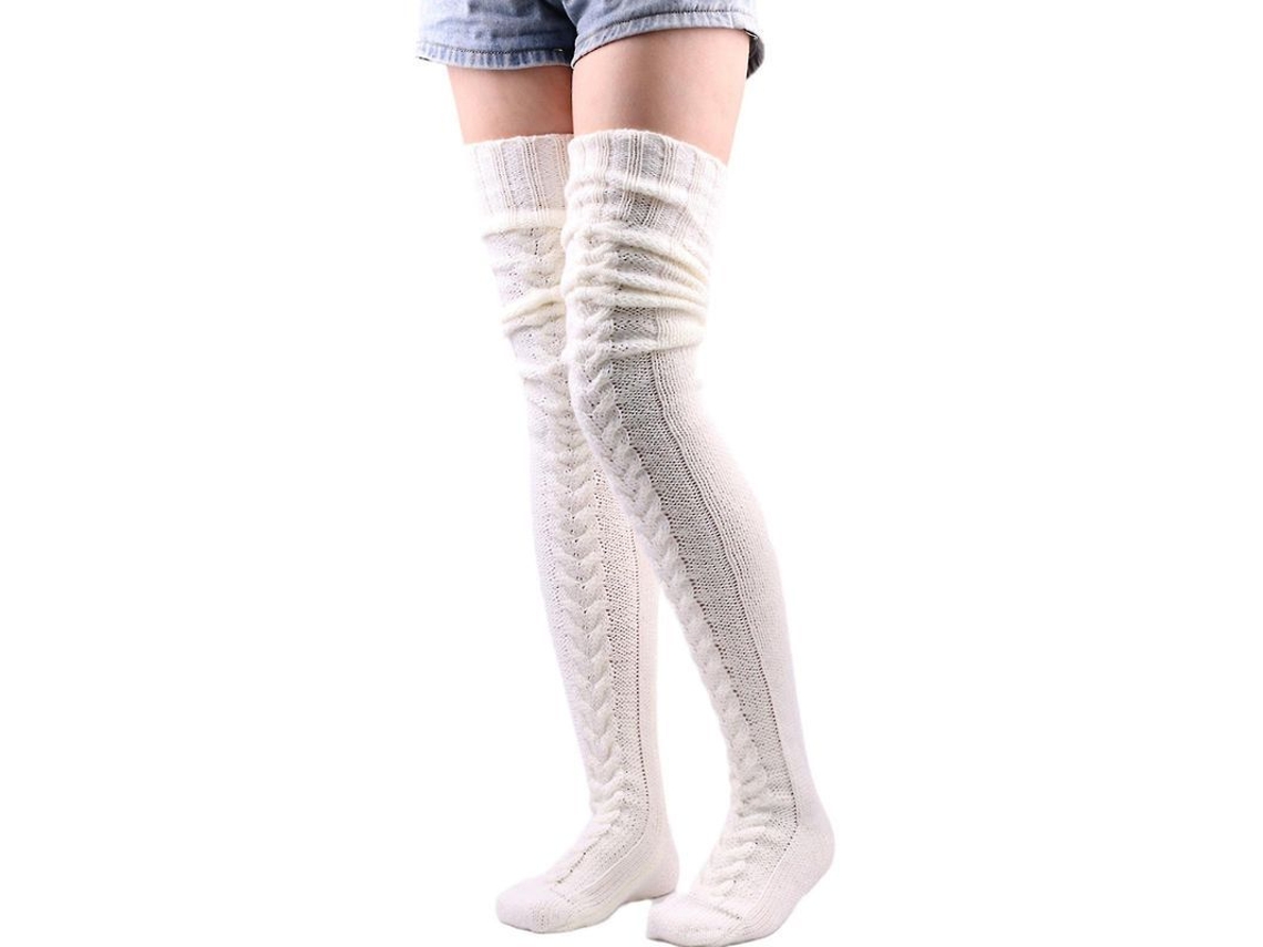 Medias Altas De Lana Calientes Para Mujer Niña Invierno Otoño Calcetinadas Elásticas Suaves Moda 85 Cm Blanco