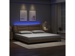 Cama De Casal | Cama De Adulto | Estrutura Cama C/ Luzes Led 200x200 Cm Couro Artif. Cappuccino Wsd856464