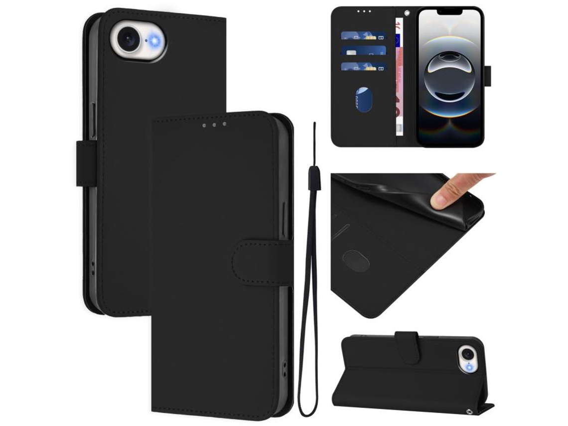 Capa De Couro Sintético Para Iphone 16e - Toque Suave - Cor Sólida - Com Cordão