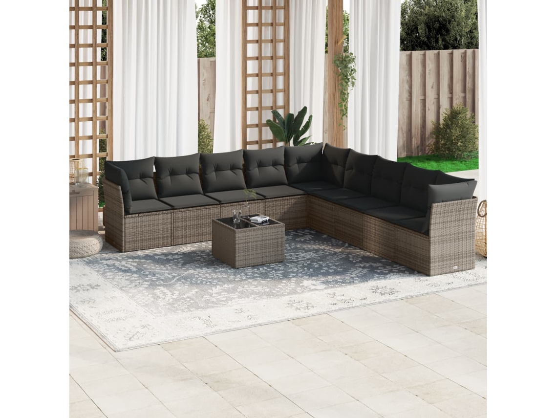 Vidaxl 10 Pcs Conjunto Sofás De Jardim C/ Almofadões Vime Pe Cinzento