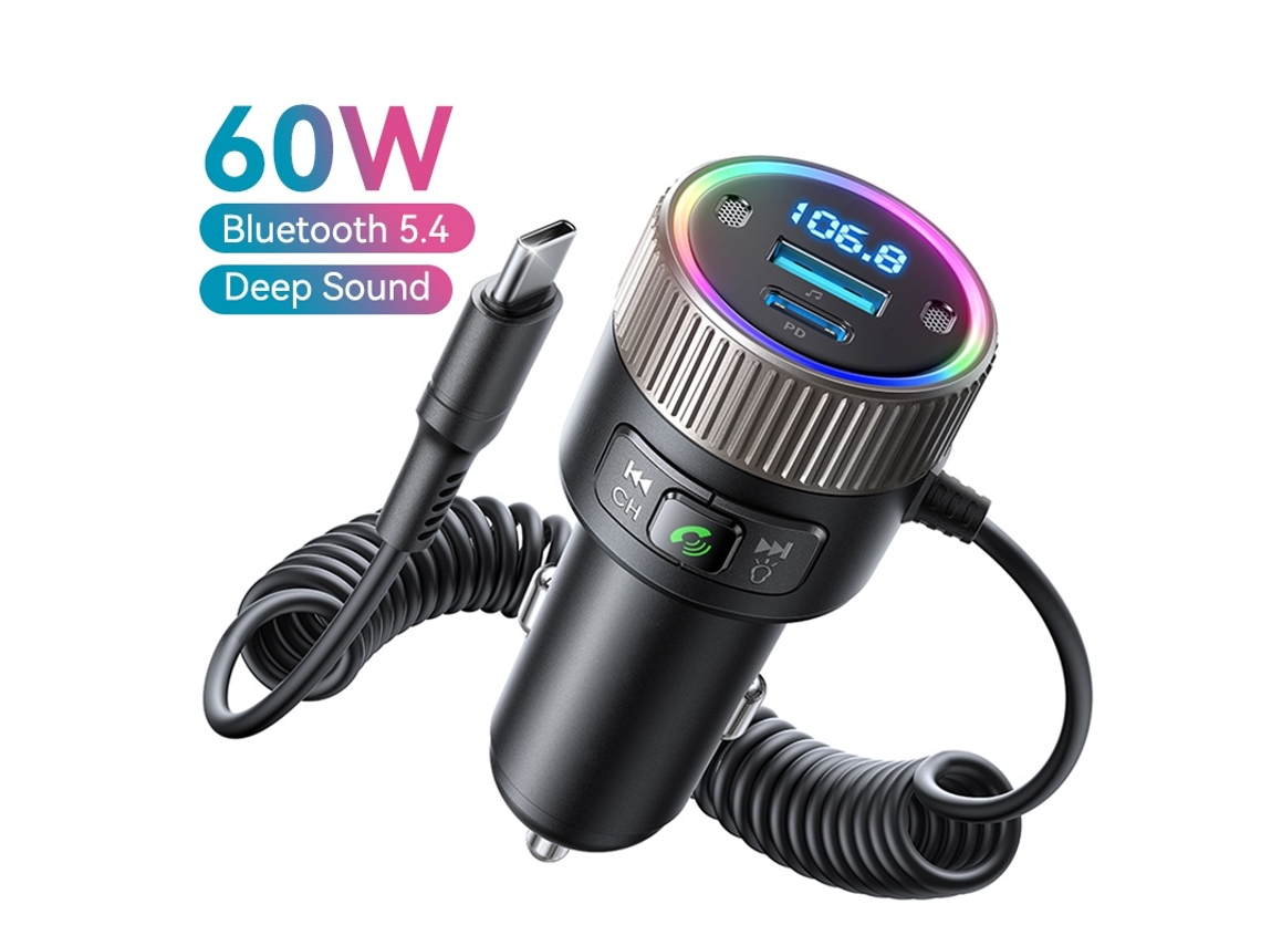 Transmissor Fm YIZHOOD 60W Bluetooth 5.4 Pd Qc 3.0 Carregador de Carro Super Rápido Dual Mics Hifi Deep Sound Usb C Preto