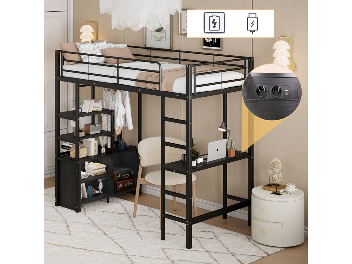 Cama Mezanino Preta 90x200cm Ferro, Escrivaninha, Usb, Prateleiras (s/ Colchão).-op