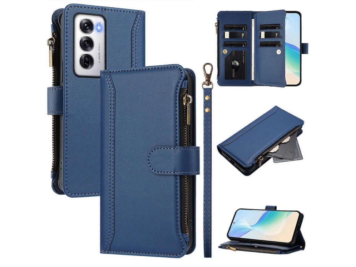 Capa De Couro Compatível Com Oppo Reno12 5g (global) Com 9 Compartimentos Para Cartão, Zíper, Suporte E Alça De Pulso. Azul Escuro