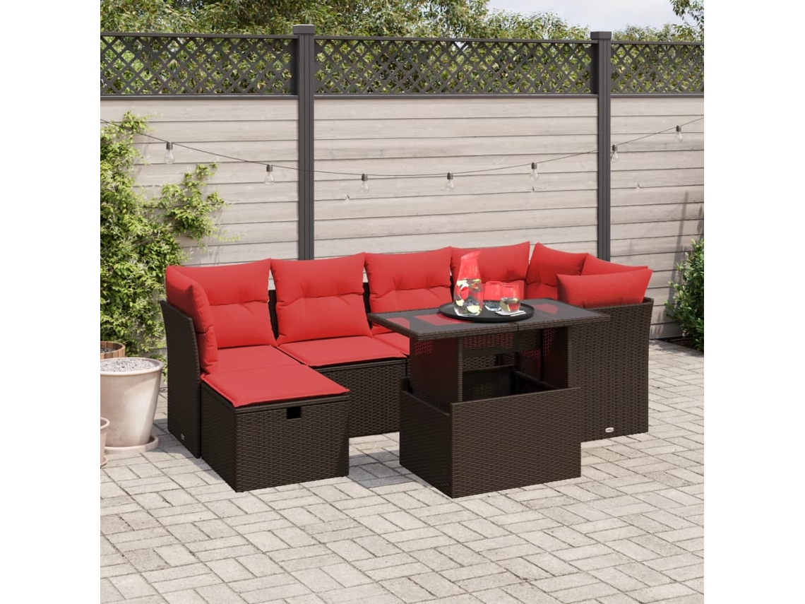 Vidaxl Conjunto De Sofá De Jardim Com 7 Peças E Almofadas Em Rattan Sintético Marrom