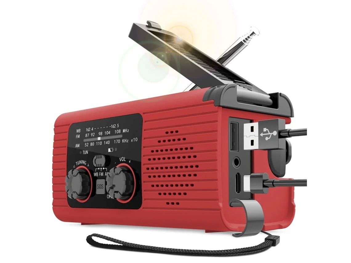 Rádio solar de emergência com gerador manual de manivela 2000mAh e lanterna BESTVITE (vermelho)