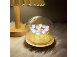 Luminária de Mesa Led Romântica com 10 Tulipas Coloridas, em Cúpula de Vidro com Base Madeira Natural. Ideal para Decoração Quarto BRILVIBERA