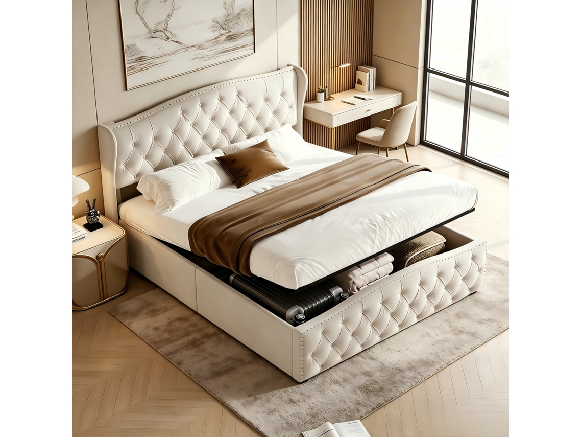 Cama Casal Armazenamento Hidráulica 140x190 Cm, Ripas, Flanela Bege ROSAHQNDA