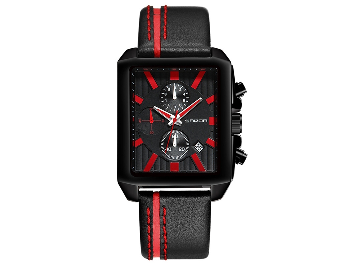 Relógio masculino de quartzo com pulseira de PU, estilo casual e formal, formato quadrado (preto + vermelho)