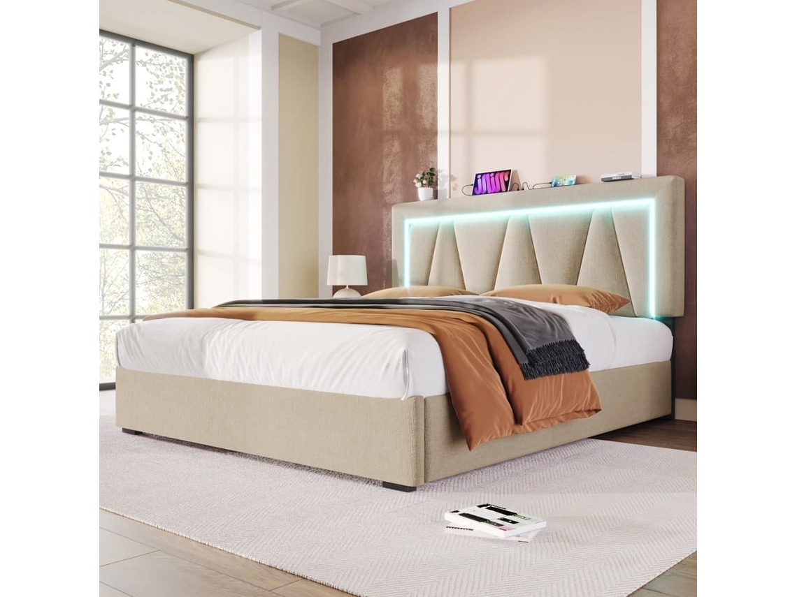 Cama De Casal 160x200 - Cama Juvenil Com Usb Tipo C E Luz Led - Estrutura Em Linho - Cinza