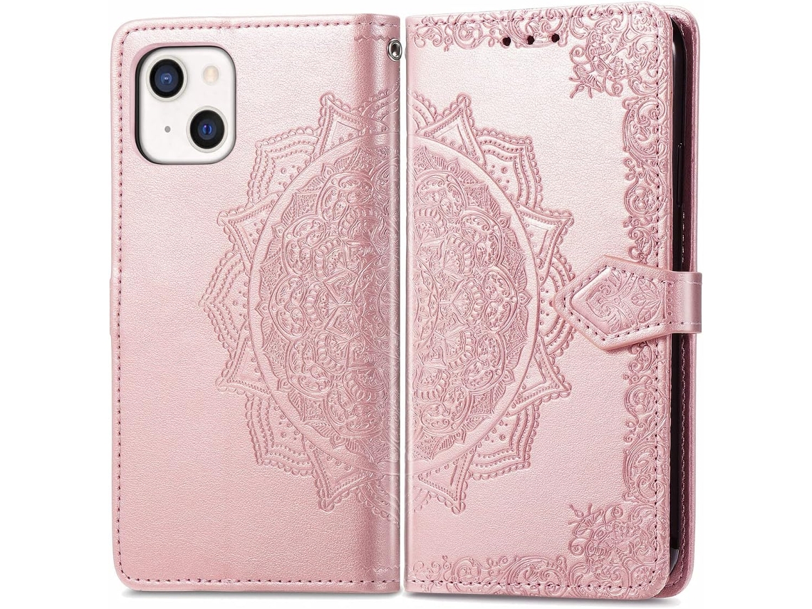 Capa Design Mandala Relevo para iPhone 13 Mini HONGWE. Pele Sintética Magnética Rosa