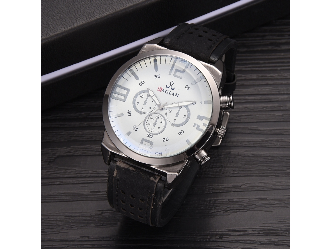 Relógio digital clássico e elegante para homem, com mostrador redondo e pulseira de couro PU preta.