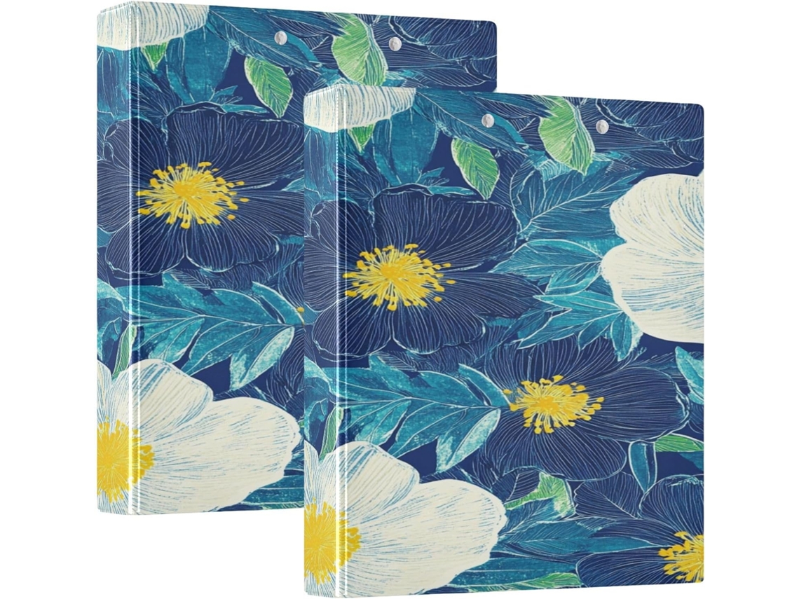Pasta Escolar De 3, 8cm 1, 5 Polegadas Com Design De Blocos Madeira, Estampa Floral Azul E Branca Com Prancheta, Pacote