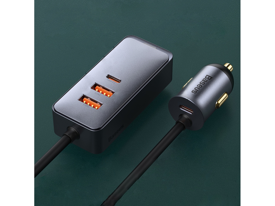 Carregador Pps Baseus Multiport Isqueiro 120 W Com Cabo De Extensão 3u+1c Cinzento