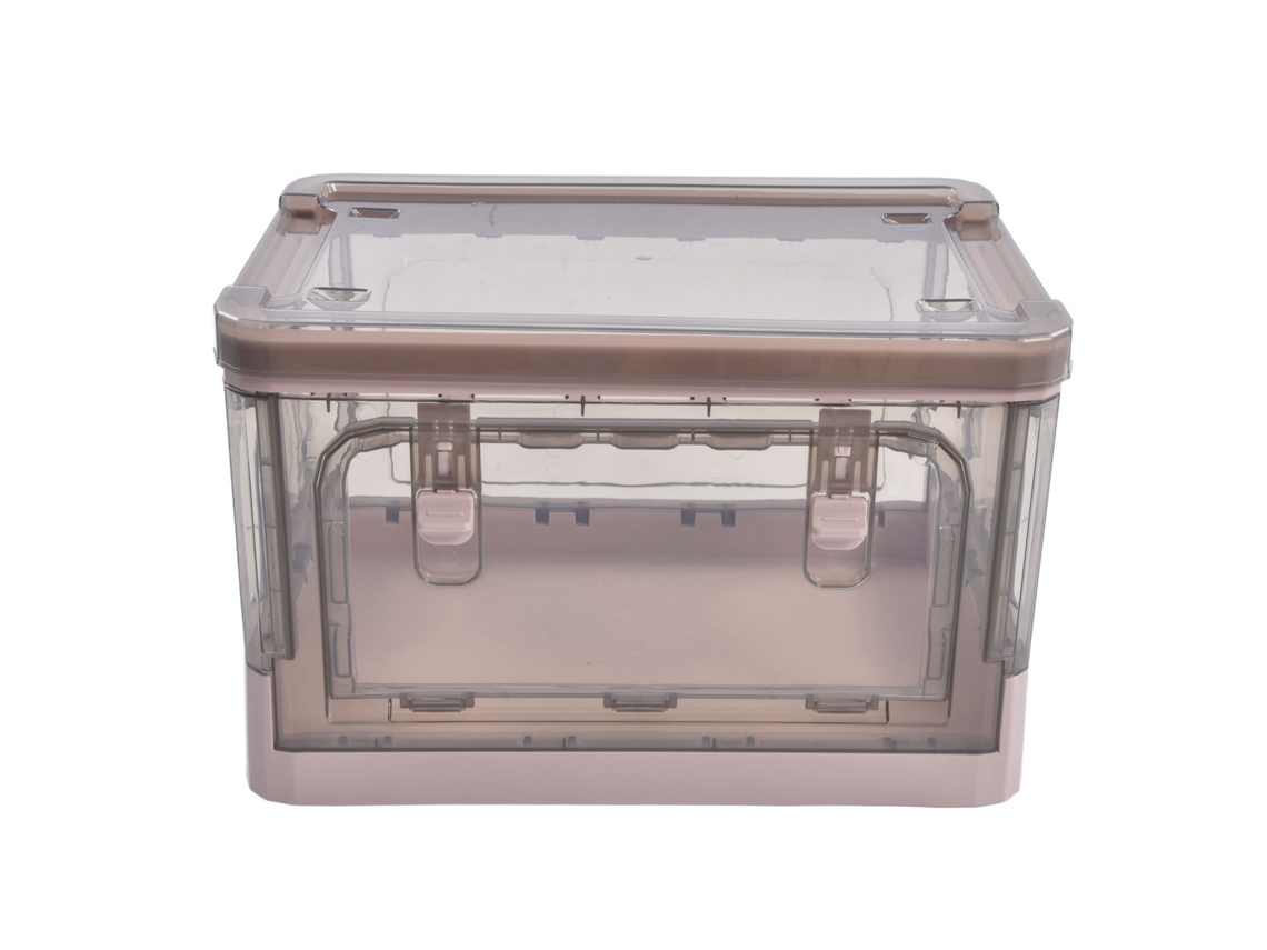 Caixa de Armazenamento 35l Rosa Dobrável com 4 Rodas Portas Laterais Empilhável Pp