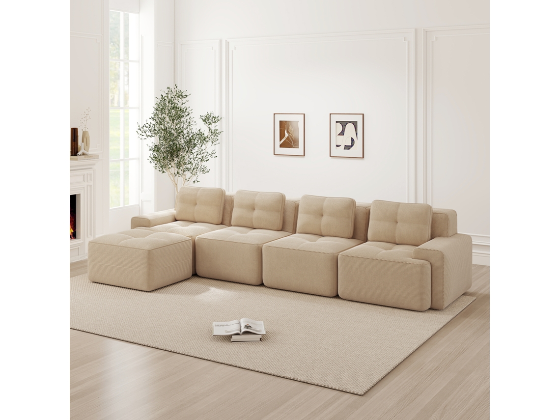 Sofás Sala Bege, Modular L Com Chaise, Veludo Cotelê, 4l, Antiderrapante.-kd