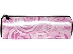 Tenho lápis com estampa de rosas cor-de-rosa.
