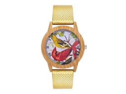 Relógio de casal unissex Zhoulianfa, pulseira de aço, mostrador dourado com pássaro, movimento de quartzo.