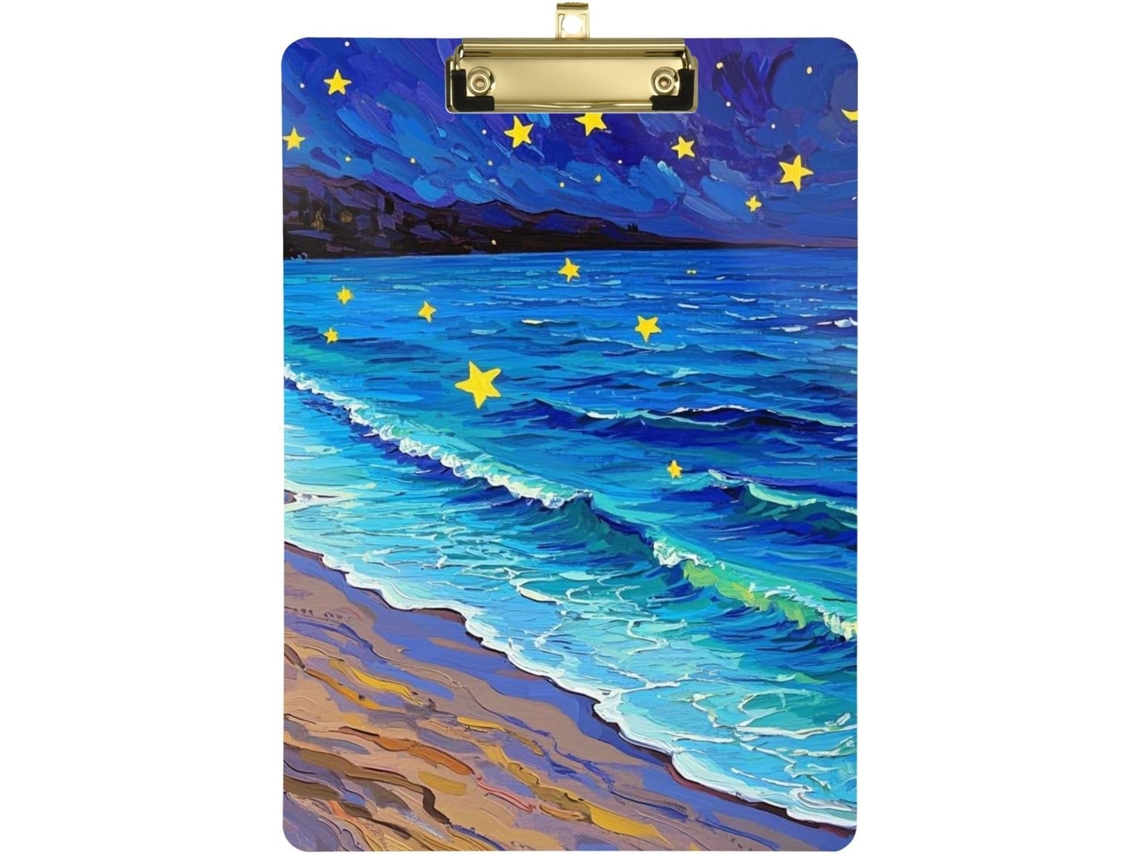 Prancheta A4 com Estampa de Praia Estrelada e Organizador Transparente, Ideal para Policiais, Funcionários Esc