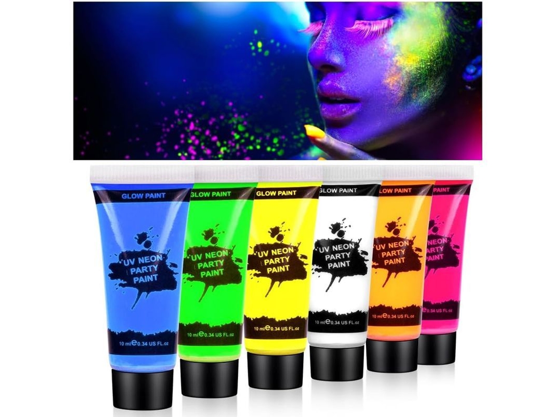Kit de Pintura Facial e Corporal de Glow Ultravioleta, 6 Cores Neon Fluorescentes para Festas e Carnaval