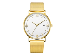 Relógio de pulso masculino mecânico de quartzo, esportivo, pulseira e caixa douradas, mostrador branco.