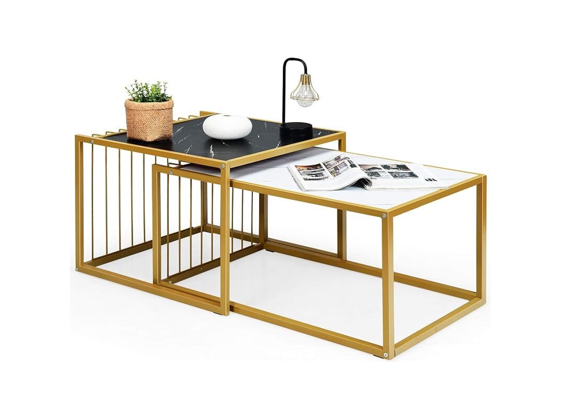 Mesa De Centro Costway Quadrada (conjunto De 2 - Metal - Dourado)