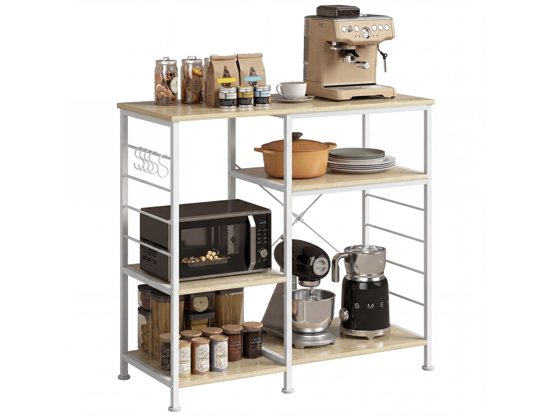 Prateleira de Cozinha com Prateleiras de Madeira e Metal e 5 Ganchos.economiza Espaço.90x39x83,5 Cm.carvalho