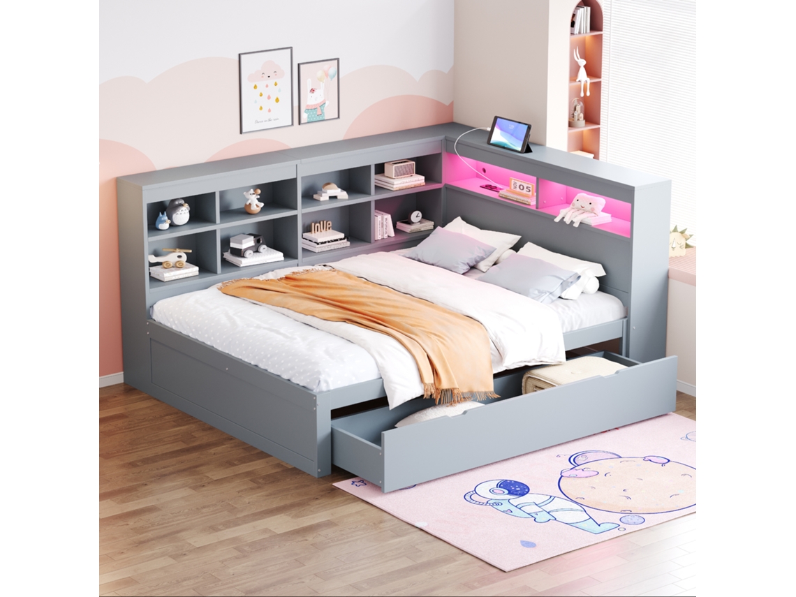 Sofá cama Madeira 140x200 Gavetas Led Usb Prateleiras