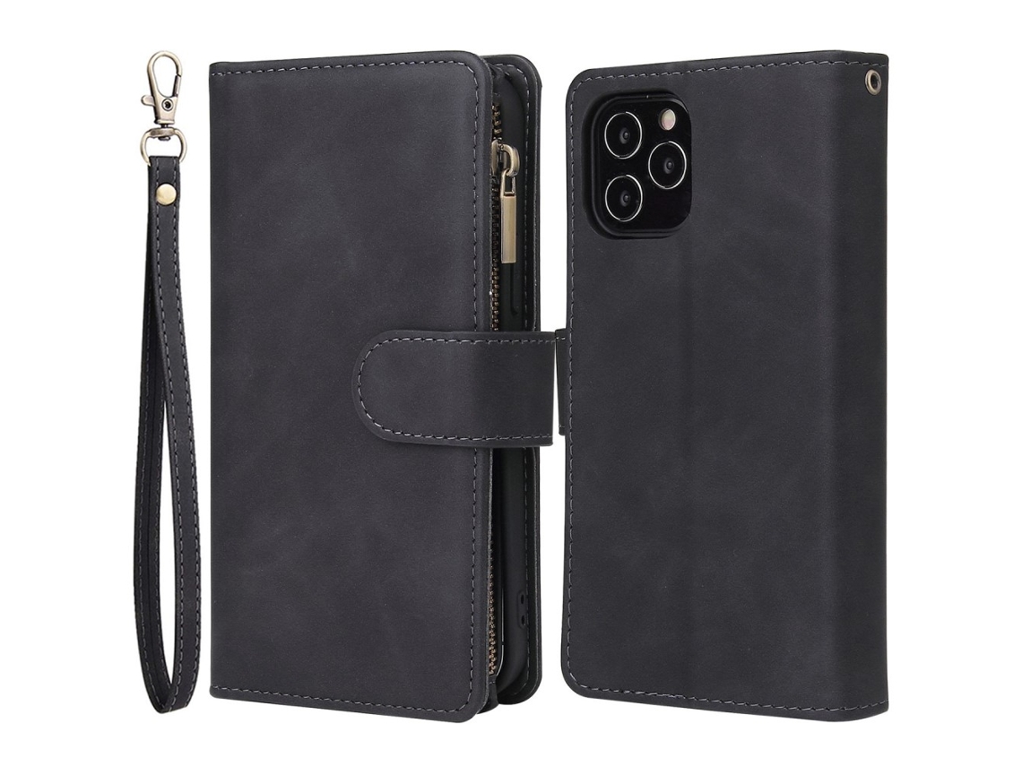 Capa Para Iphone 14 Pro Pele Sintética Anti-riscos Com Porta-cartões Preto