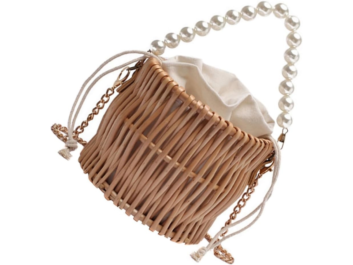 Bolsa De Ombro Feminina Ciieeo Em Vime Trançado Com Miçangas, Cor Cáqui, Ideal Para Praia No Verão, Perfeita Para Carregar Na Mão.