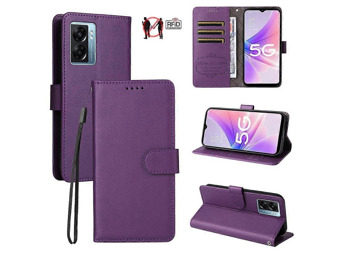 Capa De Celular Carteira Tripla Em Couro Com Textura De Lichia E Bloqueio Rfid Para Oppo A57 5g / A77 5g / K10 5g (índia)