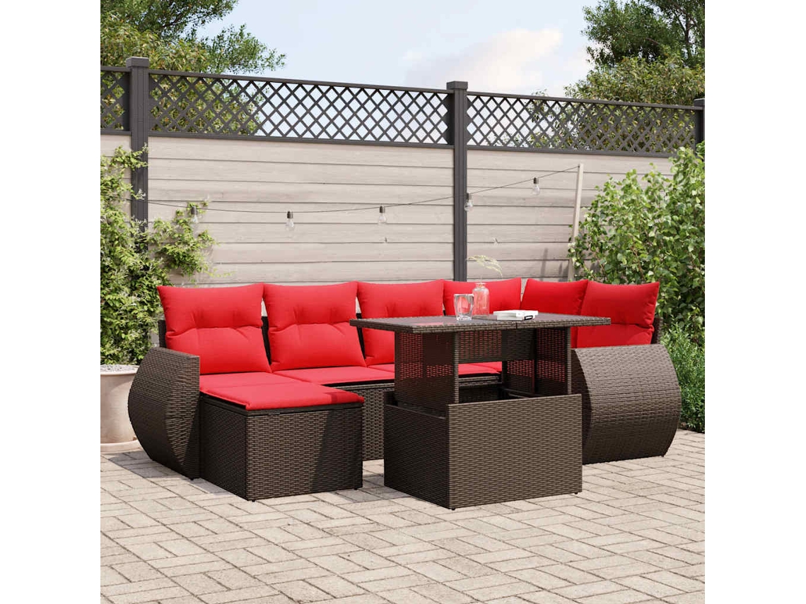 Vidaxl Conjunto De Sofá De Jardim Com 7 Peças E Almofadas Em Rattan Sintético Marrom