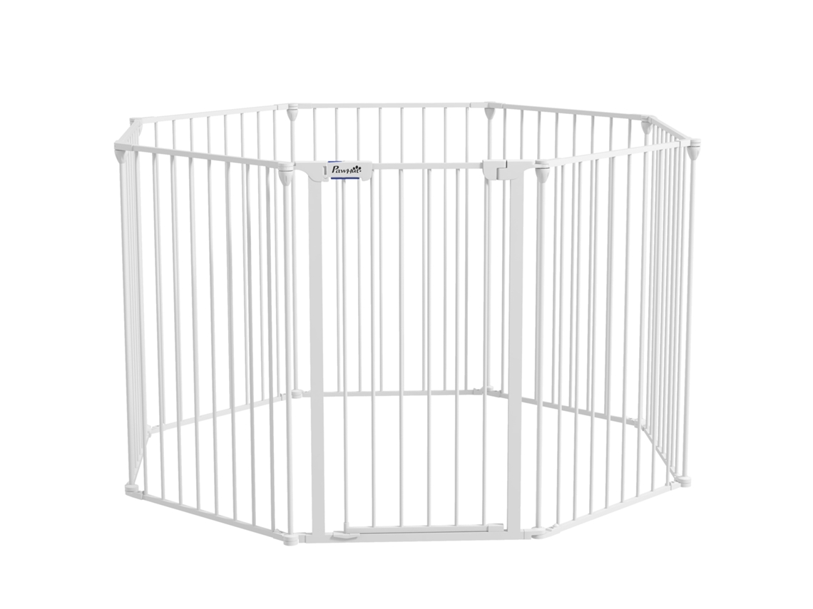 Parque para Cães de 8 Painéis 64x90 Cm Dobrável de Aço com Duplo Travamento Função de Bloqueio e Formato Modular Branco Ge