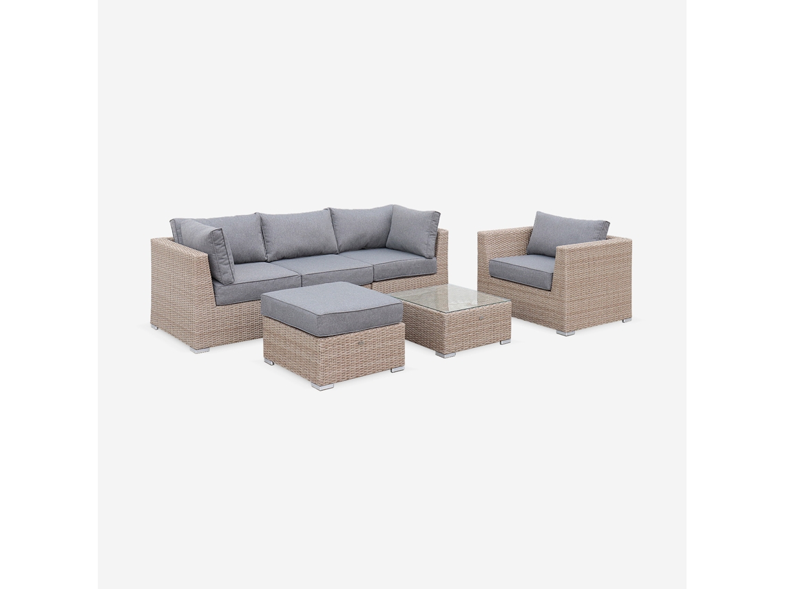 Conjunto De Jardim Com Sofá Em Resina Entrançada, 5 Lugares, Natural E Cinza Escuro