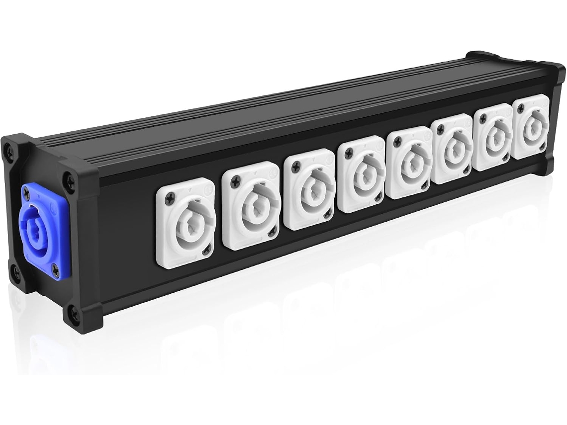 Caixa divisora de energia multicanal Powercon de 1 para 8 entradas e saídas, com conector de saída Powercon de 1 para 8 para chicote de fiação.