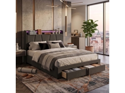 Cama de Casal Elevatória em Linho com Led, Usb e 2 Gavetas, Cinza Escuro, 160x200 Cm LAZYSPACE