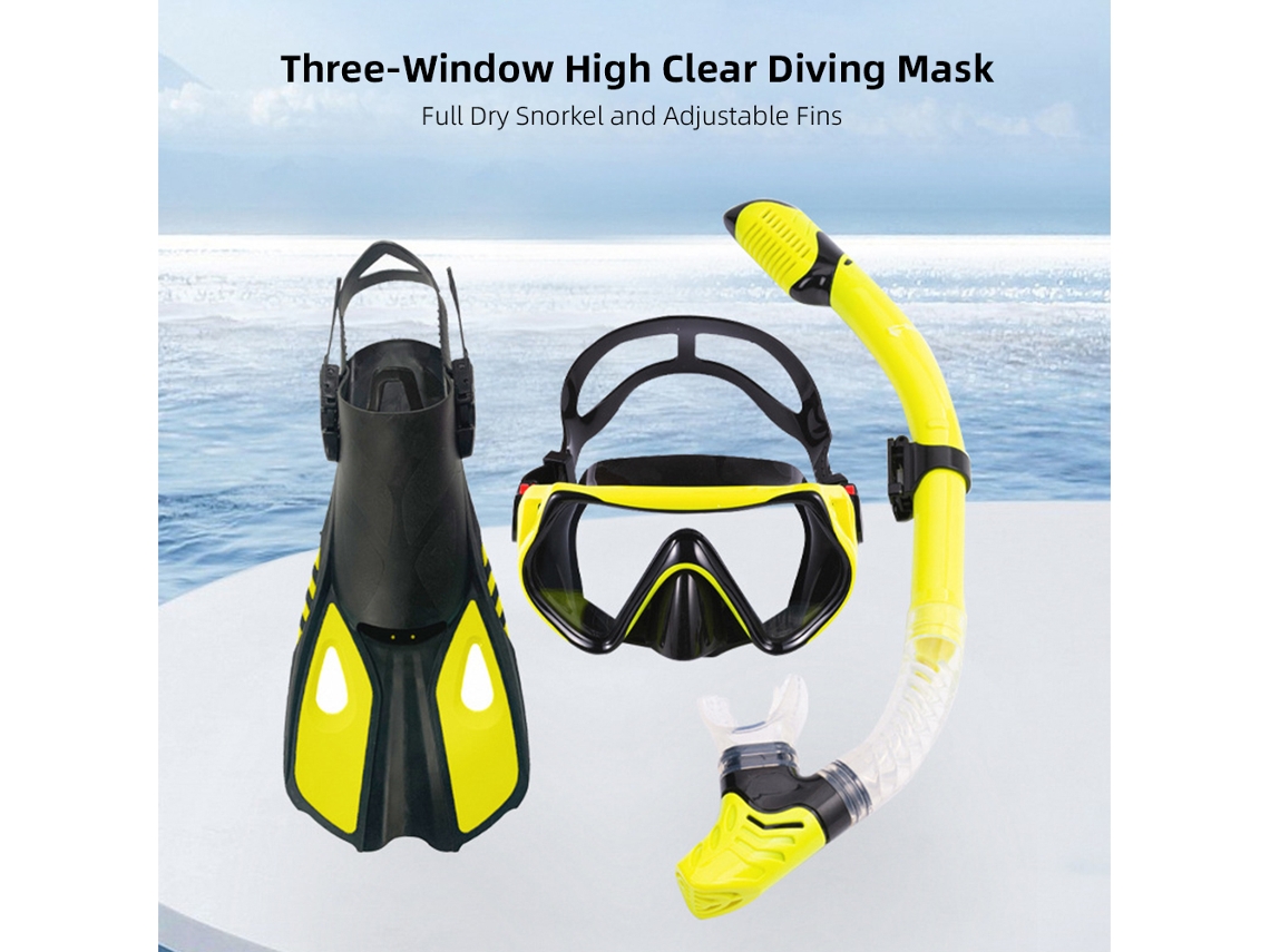 Máscara de Mergulho de Três Janelas, com Snorkel Dry e Nadadeiras Ajustáveis, Equipamento de Mergulho e Snorkeling S/MARCA