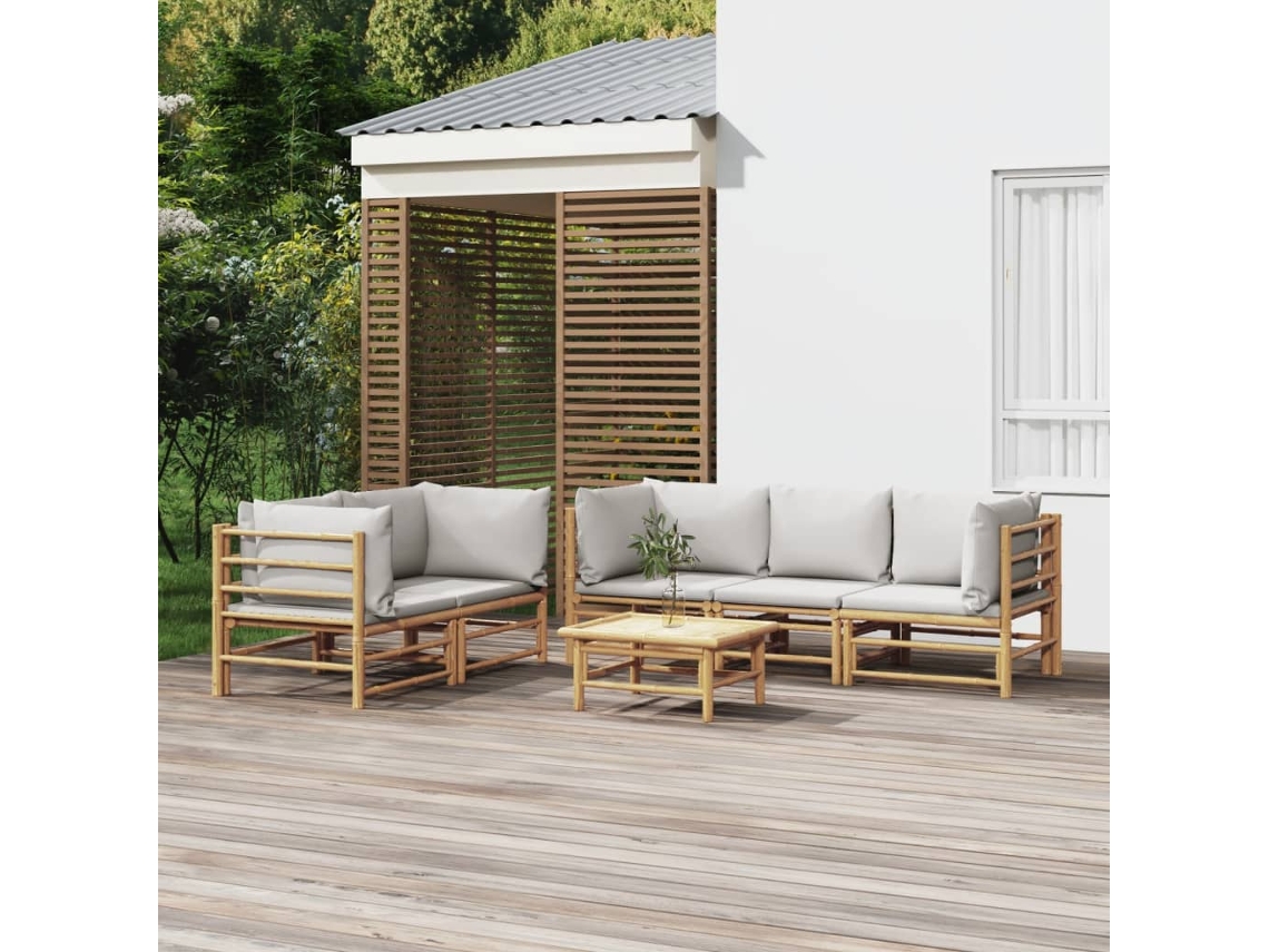 Vidaxl 6 Pcs Conj. Lounge De Jardim Bambu C/ Almofadões Cinzento-claro
