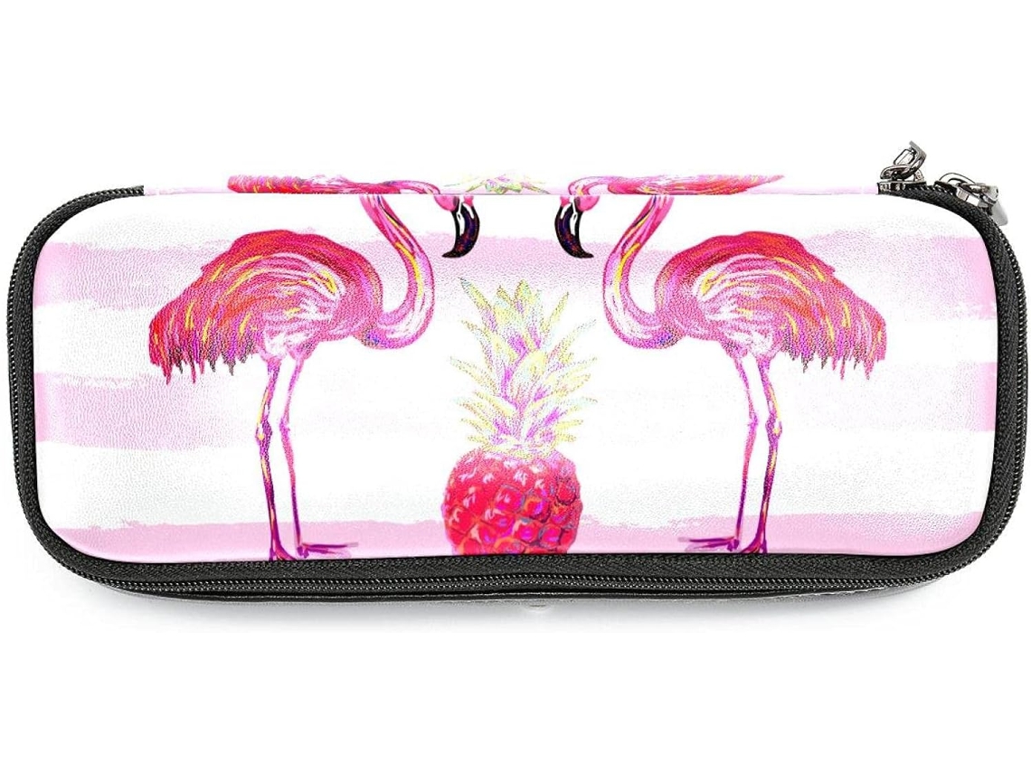 Estojo de lápis tropical de verão com estampa de flamingos e abacáxi rosa, com capacidade para marcadores e organizador.