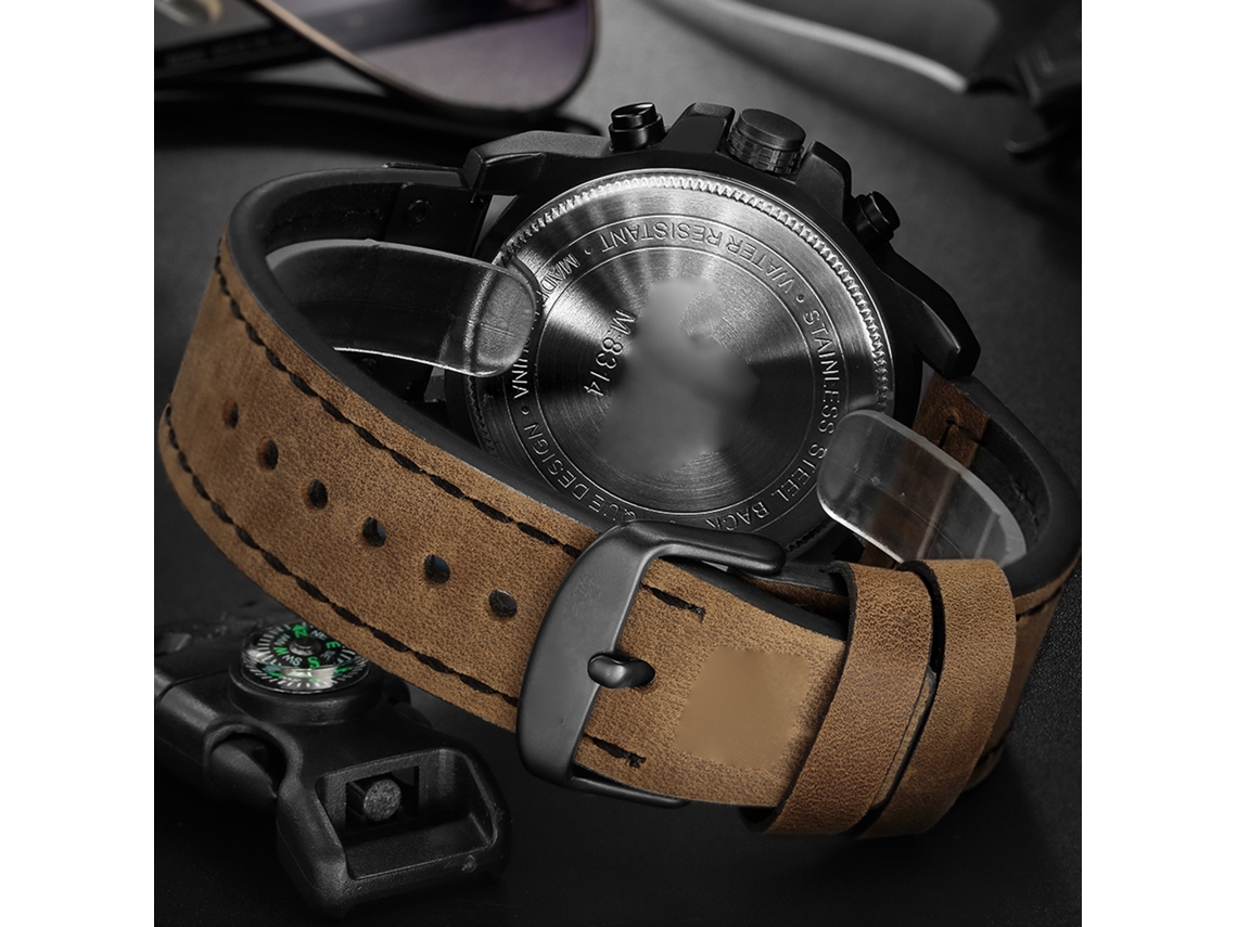 Relógio de pulso masculino de quartzo com calendário e pulseira de couro, relógio casual.