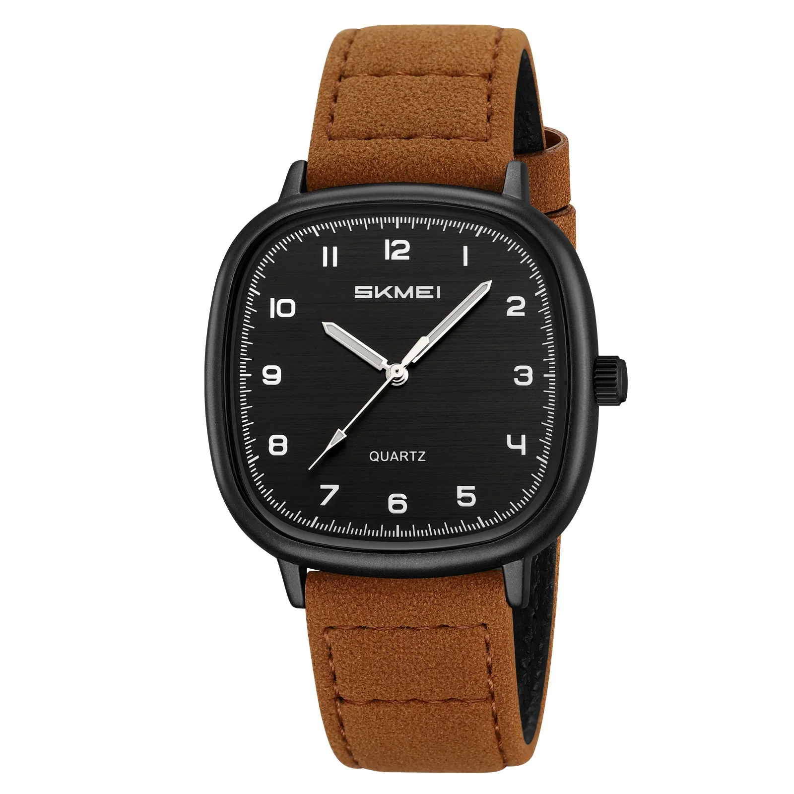 Relógio MDUG social com pulseira de couro, movimento de quartzo, mostrador dourado