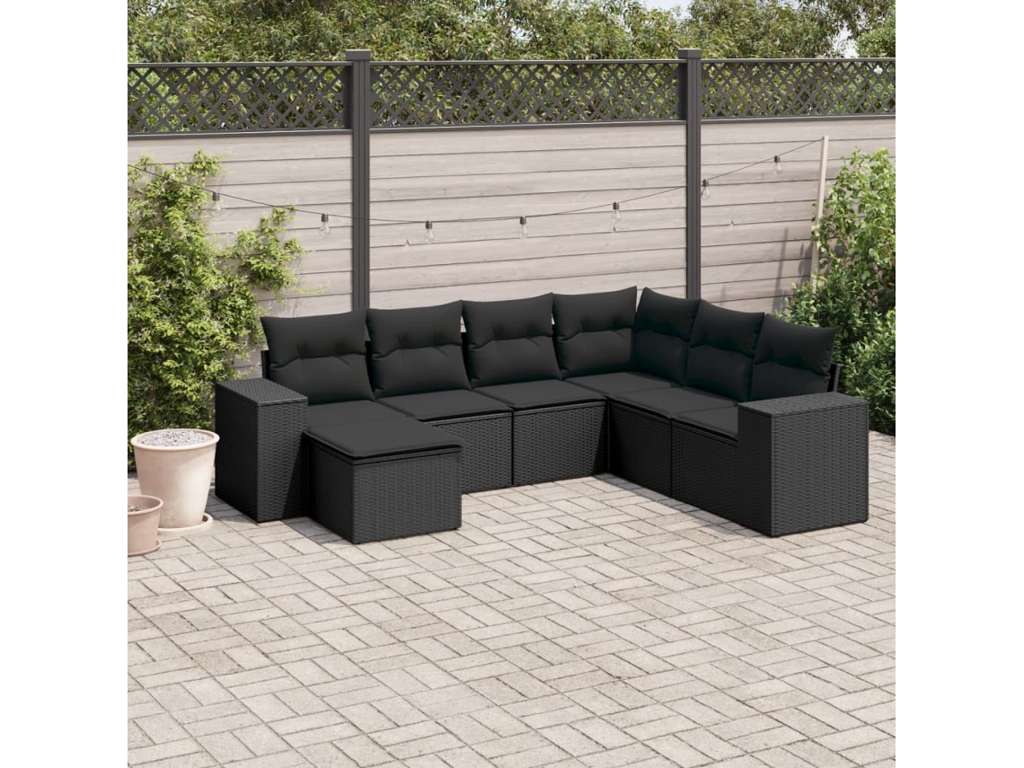 7 Pcs Conjunto De Sofás P/ Jardim C/ Almofadões Vime Pe Preto Dkd Home Decor
