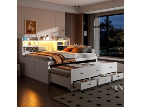 Sofá Cama Cama De Dia 140x200 Cm Cama Extensível 3 Gavetas Tira Led Usbtipo C Prateleira De Cabeceira Sem Colchão Branco Flieks