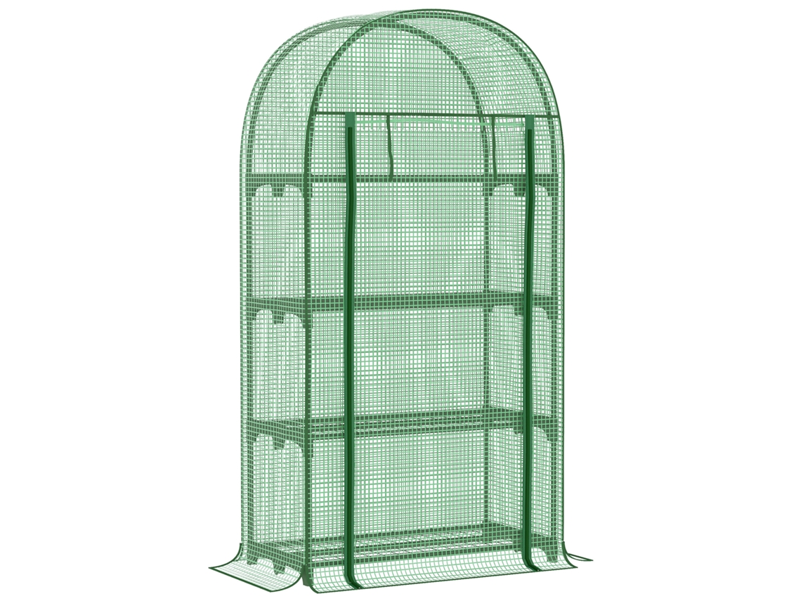 Fogão para plantas de jardim. 80x49x160cm Verde Compacto com 4 Prateleiras Metálicas, Suporte Enrolável e Capa de PE para