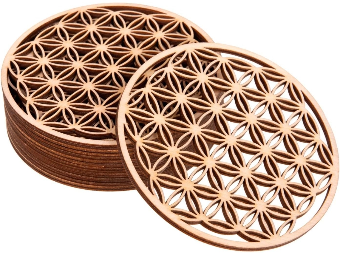 Conjunto de 10 porta copos de madeira Flor da Vida AQUAFORGE