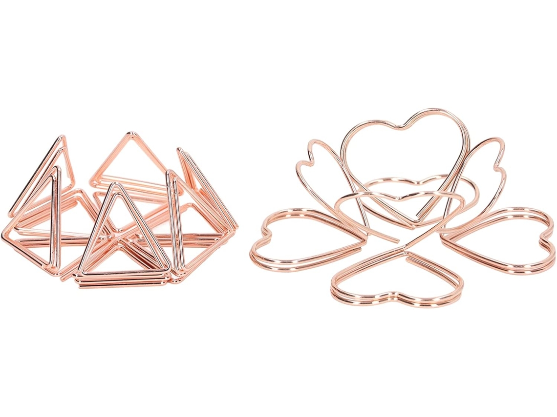 Clipes de papel triangulares em formato de coração, com dupla camada em metal dourado rosê e revestimento antiferrugem.
