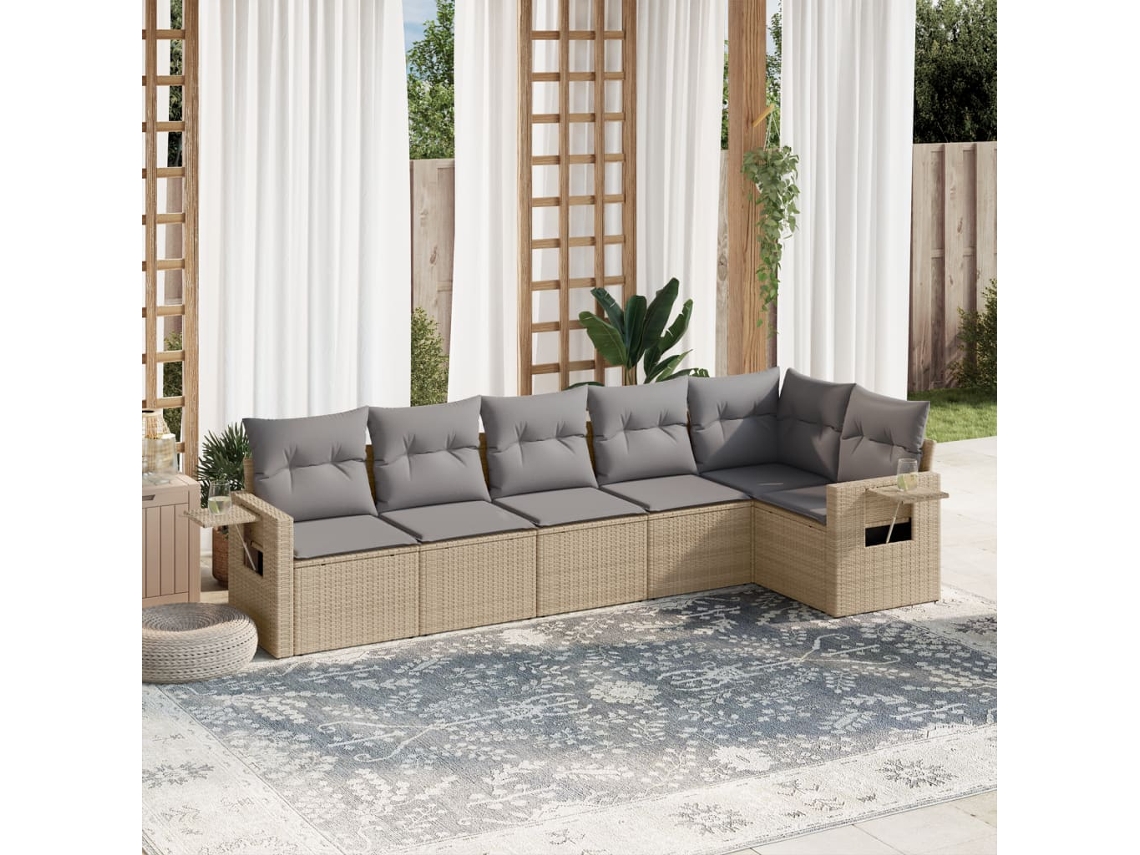 Vidaxl 6 Pcs Conjunto De Sofás P/ Jardim Com Almofadões Vime Pe Bege